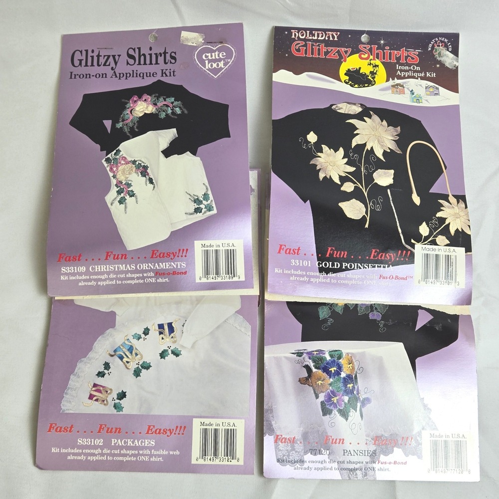 Lot of 4 What's New Ltd Glitzy Shirts Iron On‎ Applique Kits New Sealed Vintage